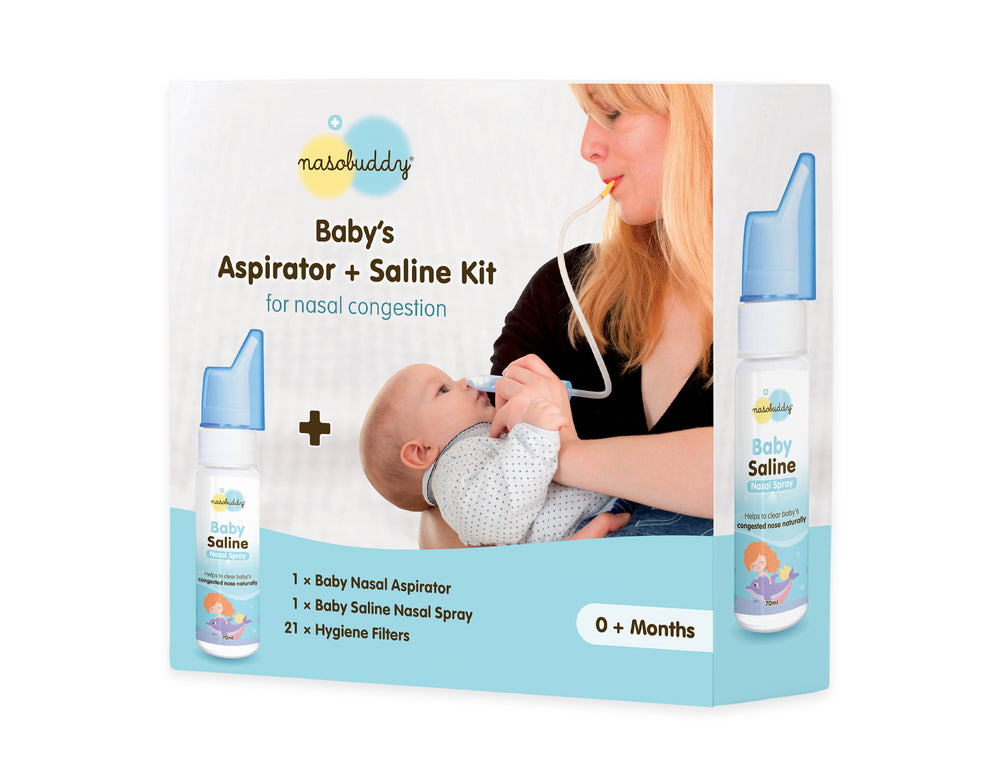Nasobuddy Baby's Aspirator + Saline Kit box showing the aspirator and saline spray