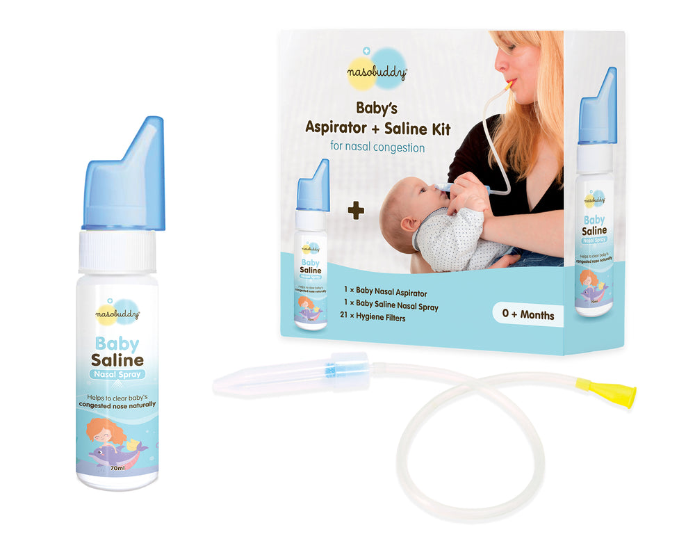 Nasobuddy kit contents: saline spray bottle, manual aspirator with its tube, and the box