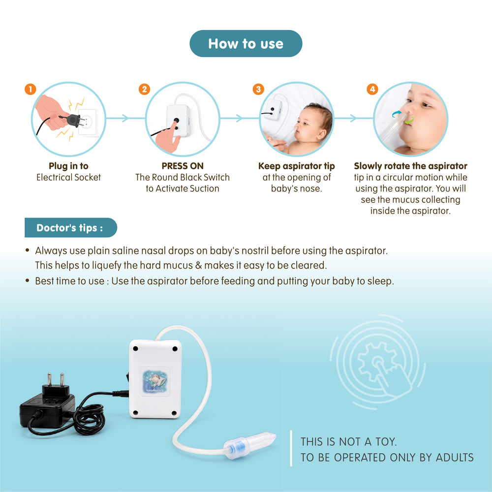 Nasobuddy Mini Automatic Aspirator instructions with the unit, tube and tip