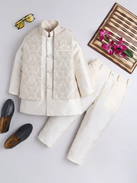 Ahhaaaa Kids Ethnic Silk Blend Waistcoat Kurta Pyjama Sherwani Set For Boys
