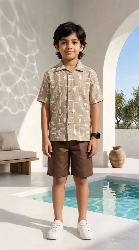 Ahhaaaa Boys 2-Piece Geometric Line-Art Co-ord Set - Brown, Green, Grey (2-12 Years)