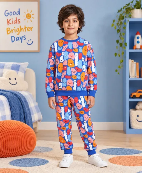 Happy Blobs Fleece Sweatshirt Jogger Set - Blue