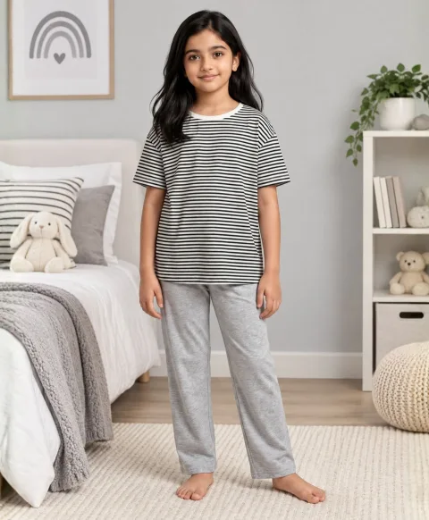 Black White Grey Melange Girl Short Sleeve Pyjmaa Set - Black/Grey