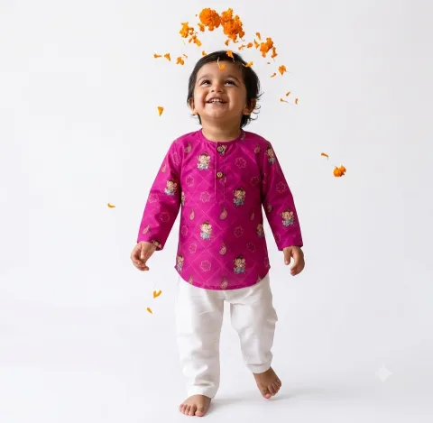 Organic Cotton Unisex 'Bappa Morya' Bandhej Kurta Set (Purple)