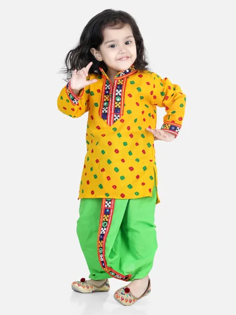 BownBee Kids Boys Navratri Dandiya Garba Bandhani Print Cotton Full Sleeve Dhoti Kurta