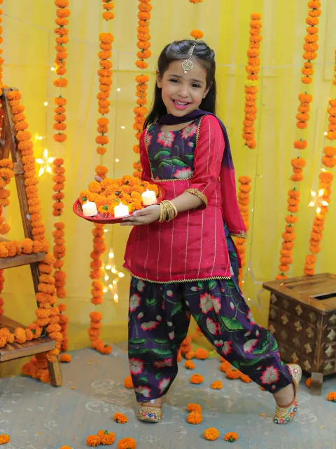 BownBee Girls Ethic Traditional Indian Festive Chanderi Kurta with Printed Salwar and Dupatta