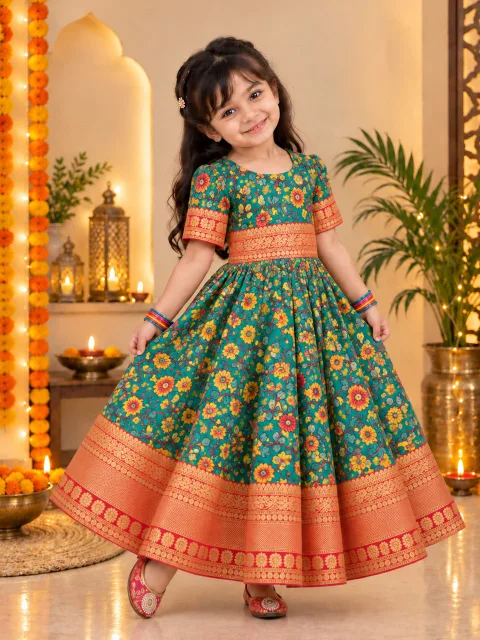 BownBee Kalamkari Print Party Dress Gown for Girls- Green