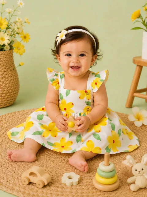 BownBee Summer Printed Ruffle Sleeve Dress For Infant Girl