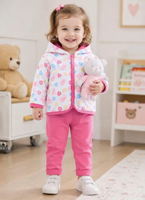 Bumzee White & Pink Floral Print Winter Set, Full Sleeves, Cotton Padded