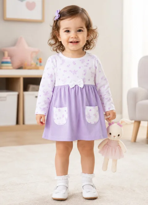 Bumzee Lavender & White Floral Print Frock, Full Sleeves, 100% Cotton