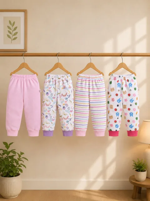 Bumzee Baby Pink & White Animal Print Pyjamas, Pack of 4, 100% Cotton