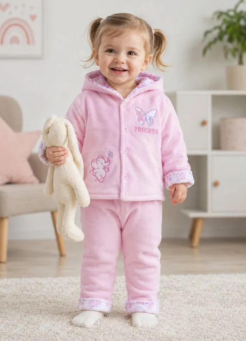 Bumzee Baby Pink Embroidered Winter Set, Full Sleeves, Velvet