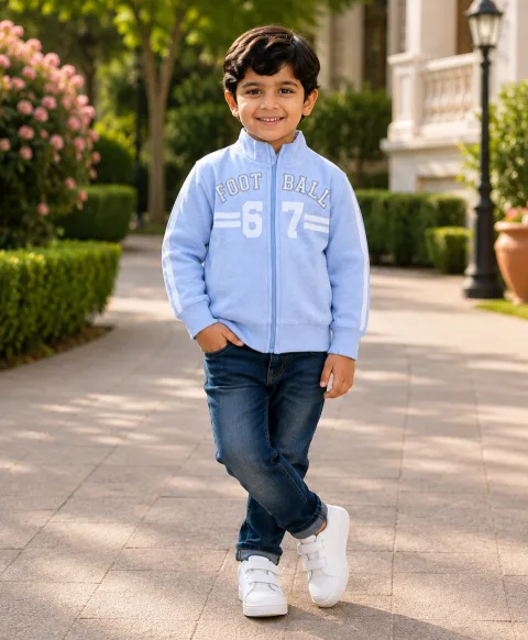 Bumzee Sky Blue Graphic Print Jacket, Full Sleeves, Cotton Fleece