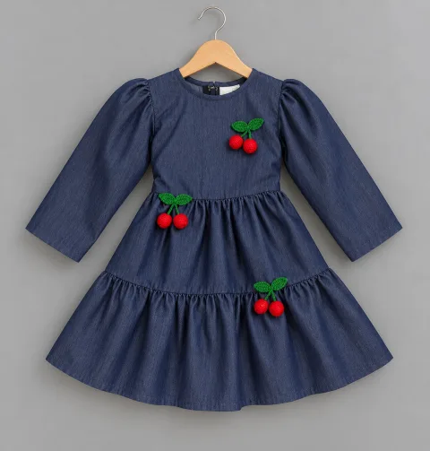 Blue Cherry Blossom Denim Dress For Girls