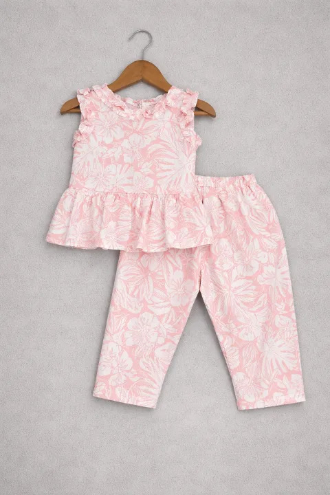 Peach Cotton Blush Blossom Co-ord Set For Girls