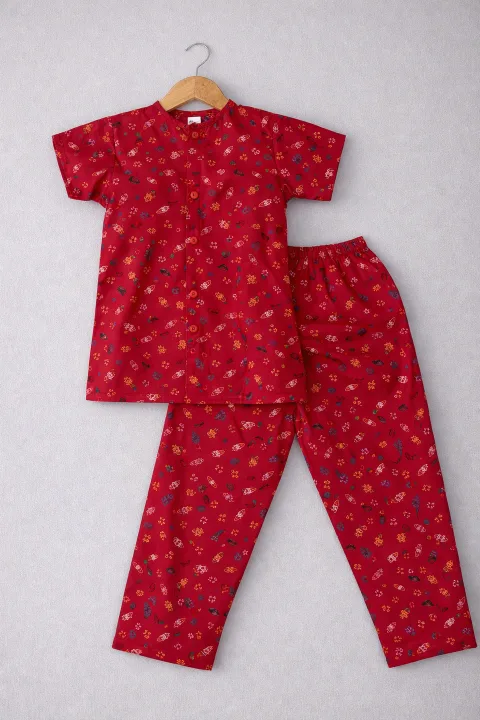 Red Cotton Cosmic Dream Sleepwear For Kids