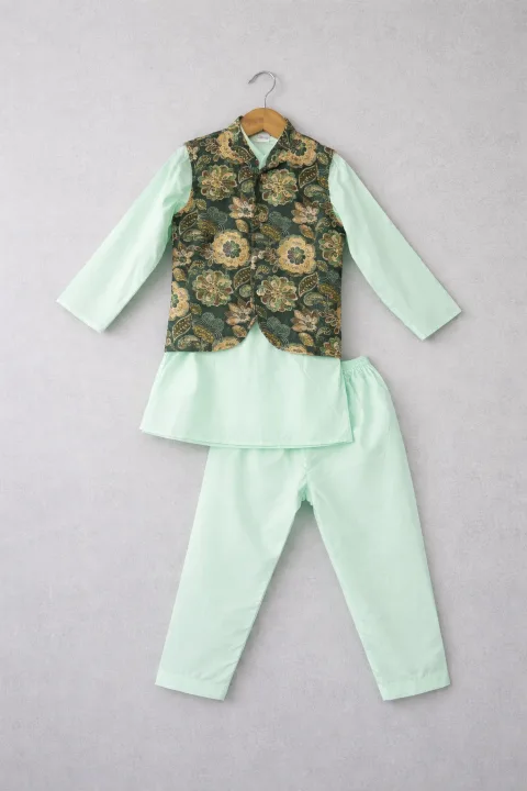 Mint Green Cotton Nehru Jacket Kurta Set For Boys