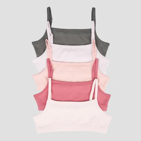 Girls' Multi-Pack Crop Top Training Bras (Pack of 5) – Pink, Grey & White