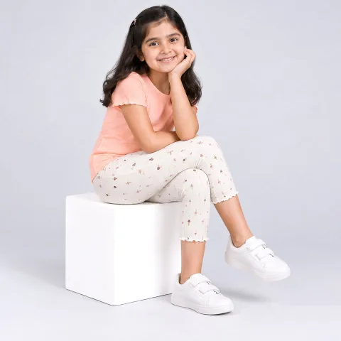 Girls' 3/4 Cotton Leggings - Gardenia AOP