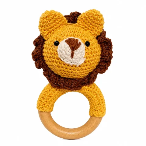 Handmade Crochet Lion Baby Rattle with Wooden Ring