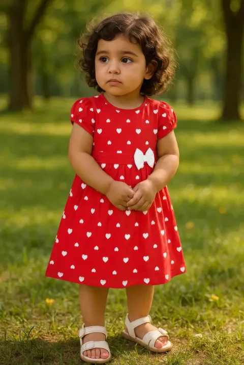 Clothe Funn New Born Baby Girl's Pure Cotton Heart Printed Dress, Red AOP