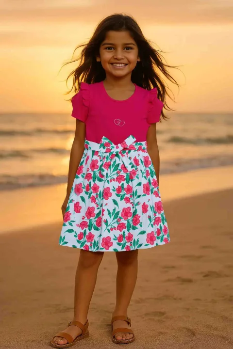 Clothe Funn Girls Leaf Printed Frock, Coral & White