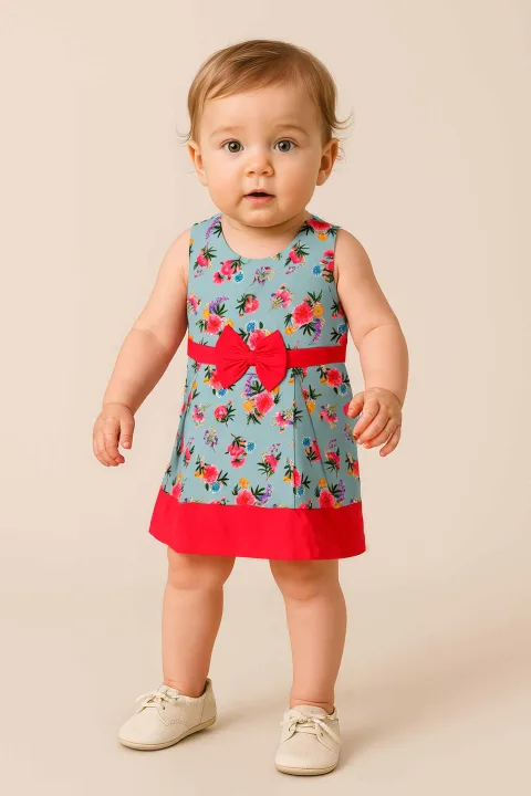 Clothe Funn Baby Girl's Sleeveless Fancy Dress with Bow, Grey/Coral