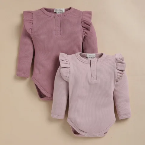 Nostalgia Rose + Blush Pink Organic Long Sleeve Bodysuit With Frill - Pack of 2