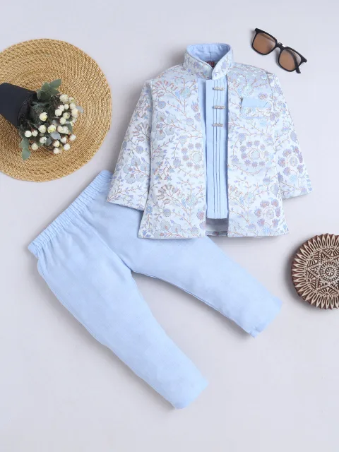 Boys Cotton Blend Floral Sherwani & Pyjama Set