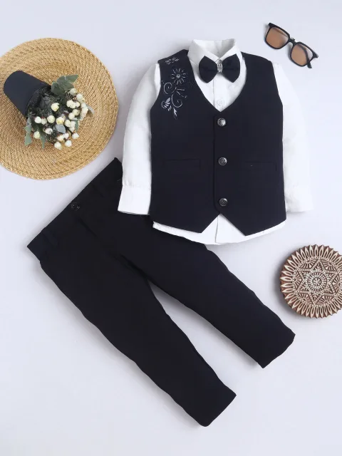 Boys Cotton Blend Floral Embroidered 3 Piece Suit Set with Bowtie