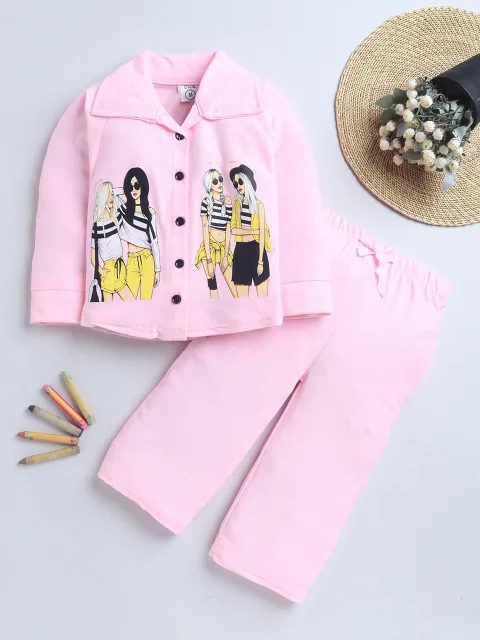 Girls Cotton Blend Graphic Print Night Suit Set