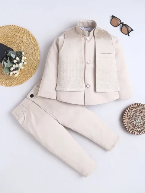 Boys Solid Sherwani & Trouser Set with Floral Jacquard Woven Jacket