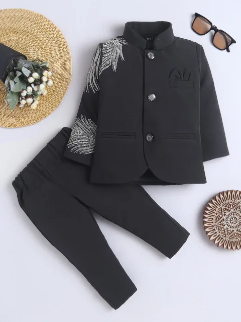 Boys Feather Zari & bead work Embroidered Bandhgala Jodhpuri Indo Western Sherwani & Trouser Set