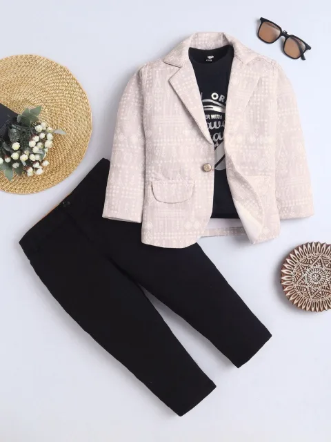 Boys Cotton Blend Geometric Print Textured Blazer & Trouser Set with Graphic Print T shirt