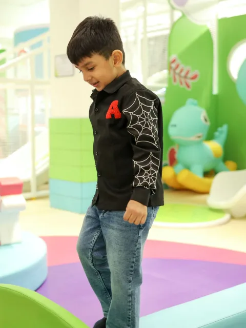 Spiderman Themed Pure Cotton Embroidered Shirt Only (Name Alphabet Customisable; Non Returnable)