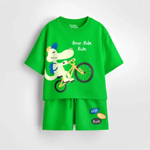 Boys Green PlaySoft Cotton Co-ord – Roar Ride Rule