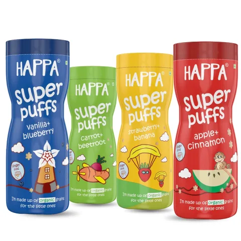 Happa Baby Puffs Variety Pack – Vanilla Blueberry, Carrot Beetroot, Strawberry Banana and Apple Cinnamon