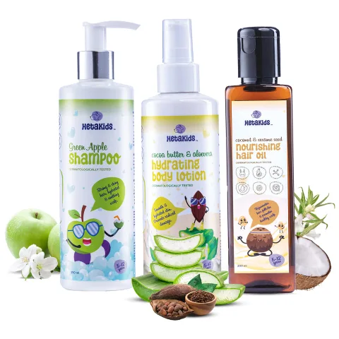 Complete Care Trio (Green Apple Shampoo + Hair Oil + Body Lotion) - Hair & Skin Essentials for Growing Kids