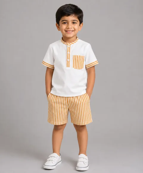 White Kurta Style Shirt With Brown Stripe Shirt