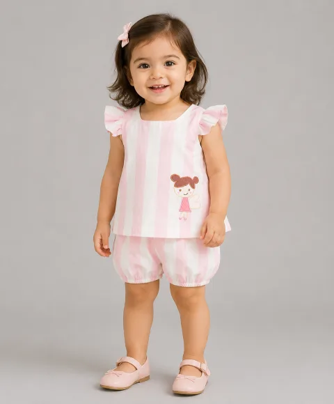 Pink Stripe Print Infant Shorts Set With Fairy Patch