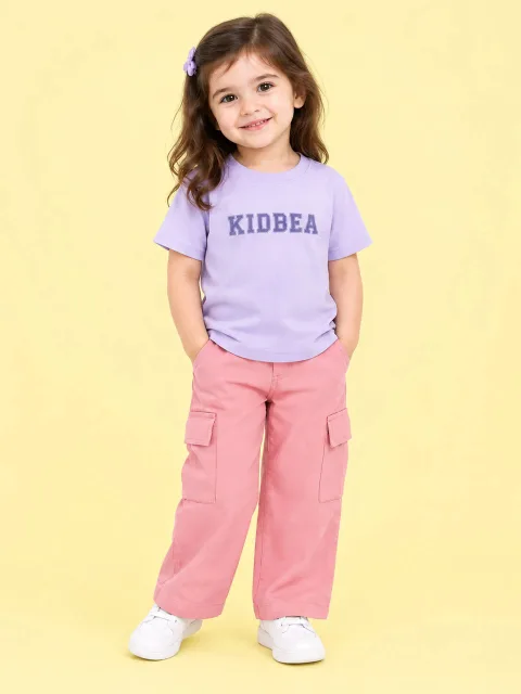 Girls Cotton Co-Ord Set – Lavender Graphic T-Shirt & Pink Cargo Pants