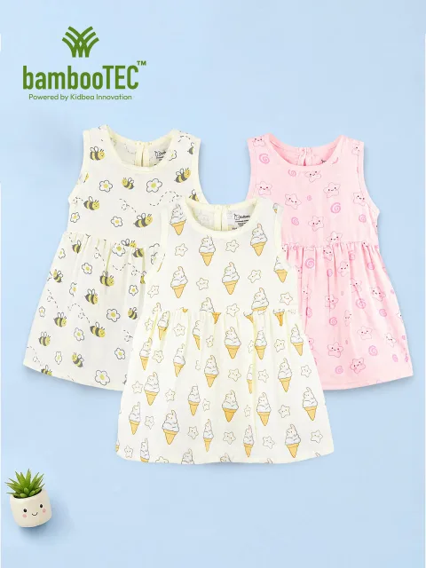 BambooTEC™ Bamboo Muslin Baby Girls Frock Pack of 3 – Bee & Daisy, Ice Cream Star & Cat & Swirl Prints