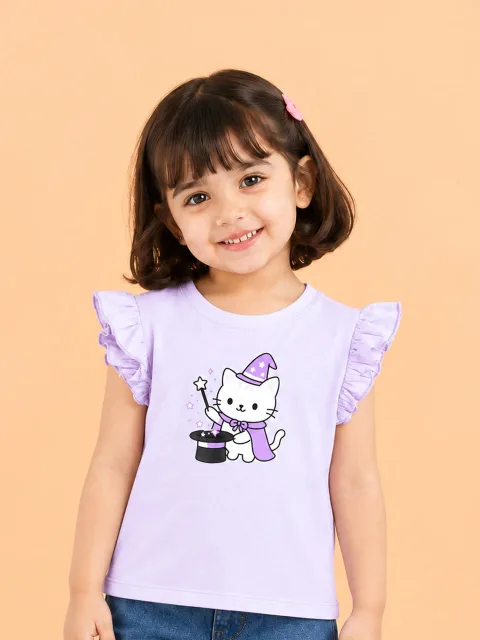 BambooTEC™ Bamboo Girls Lavender Top – Magic Cat Print with Ruffle Sleeves
