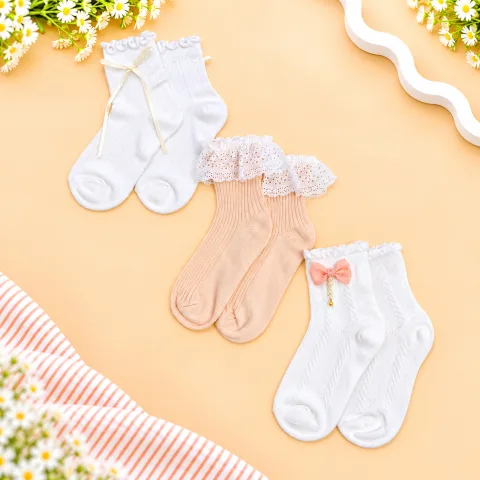 Pack Of 3 Frill & Bow Detailed Ankle Length Socks - Multicolor
