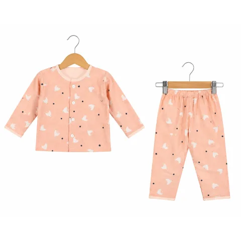 Birds Printed Double Layer Muslin Nightsuits With Lining - Peach