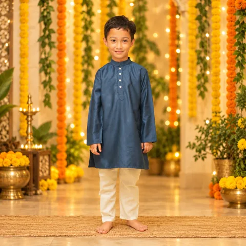 Blue Tussar Silk Kurta for Boy
