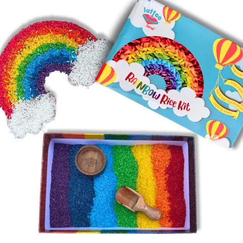Sensory Rainbow Rice Play Kit with 2 Wooden Tools & DIY rainbow making activity
