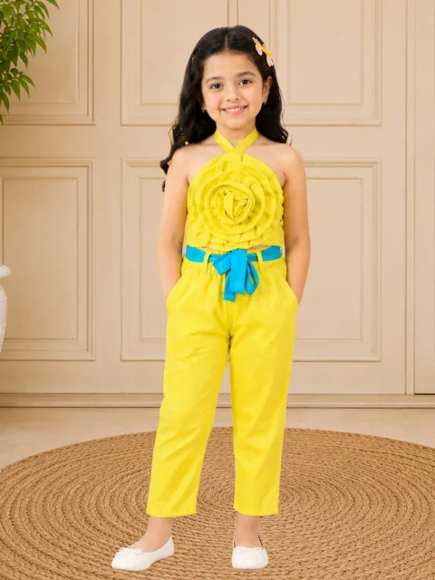 Girls Yellow Co-ord sets with 3D rose on Top