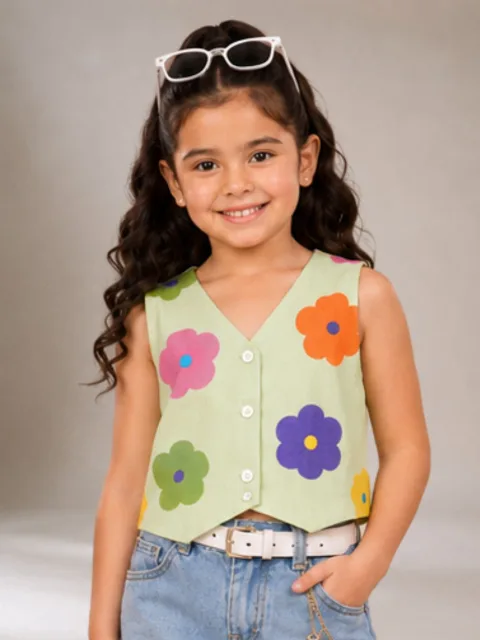 Petal Play Girls Floral Green Top