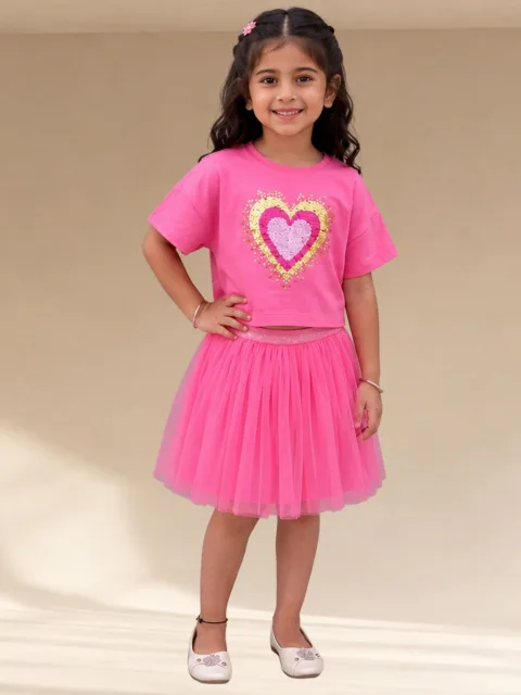 Paris Night Pink T-shirt with Skirt Set For Girls